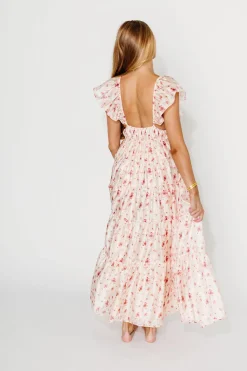 Online Worth Collective Enchanted Floral & Gingham Ruffled Maxi Dress in Pink Rose