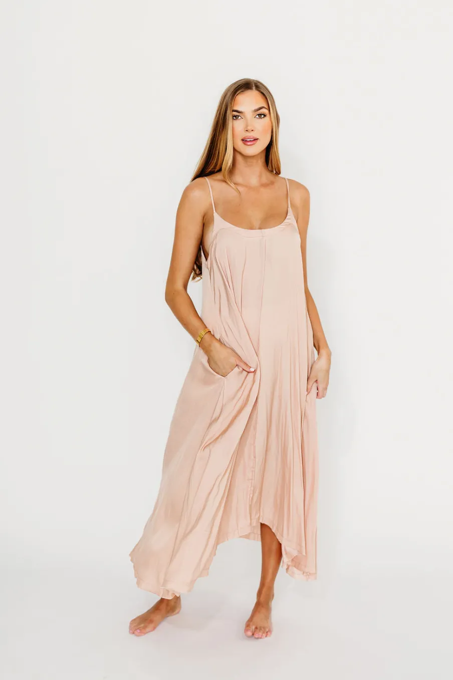 Hot Worth Collective Ensley Satin Tent Maxi Dress in Pink Clay