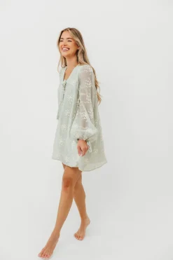 New Worth Collective Erika Embroidered Long Sleeve Mini Dress in Mint