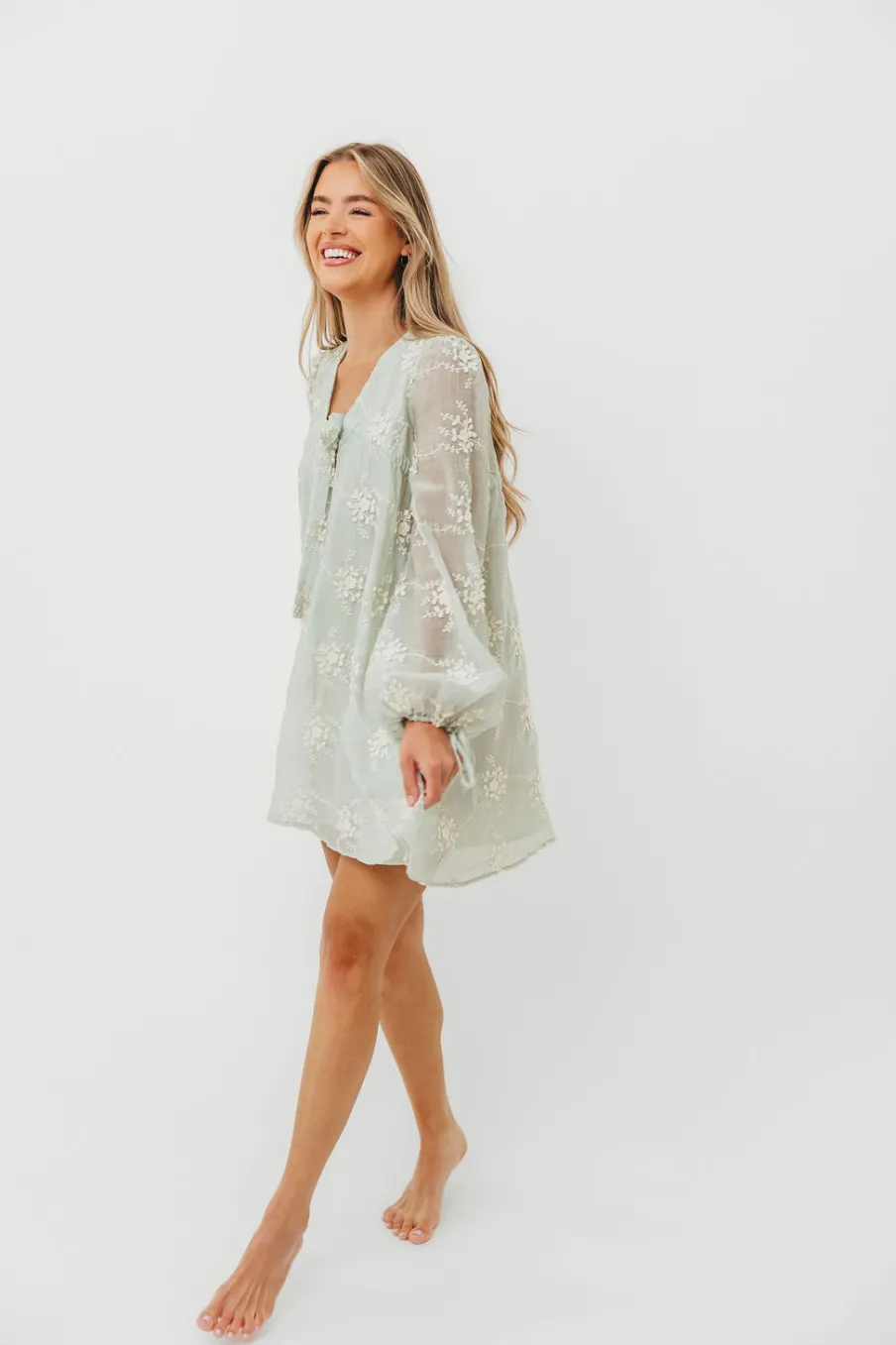 New Worth Collective Erika Embroidered Long Sleeve Mini Dress in Mint
