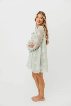 New Worth Collective Erika Embroidered Long Sleeve Mini Dress in Mint