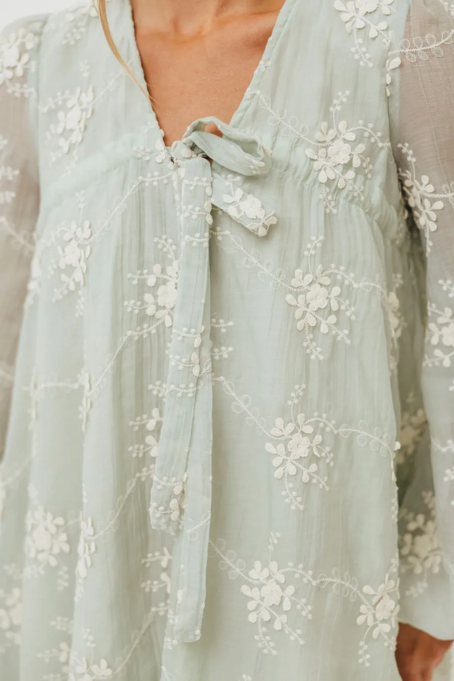 New Worth Collective Erika Embroidered Long Sleeve Mini Dress in Mint