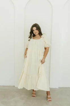 Discount Worth Collective Eva Puffed Sleeve Maxi Dress in Cream - Bump Friendly & Inclusive Sizi
