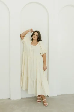 Discount Worth Collective Eva Puffed Sleeve Maxi Dress in Cream - Bump Friendly & Inclusive Sizi