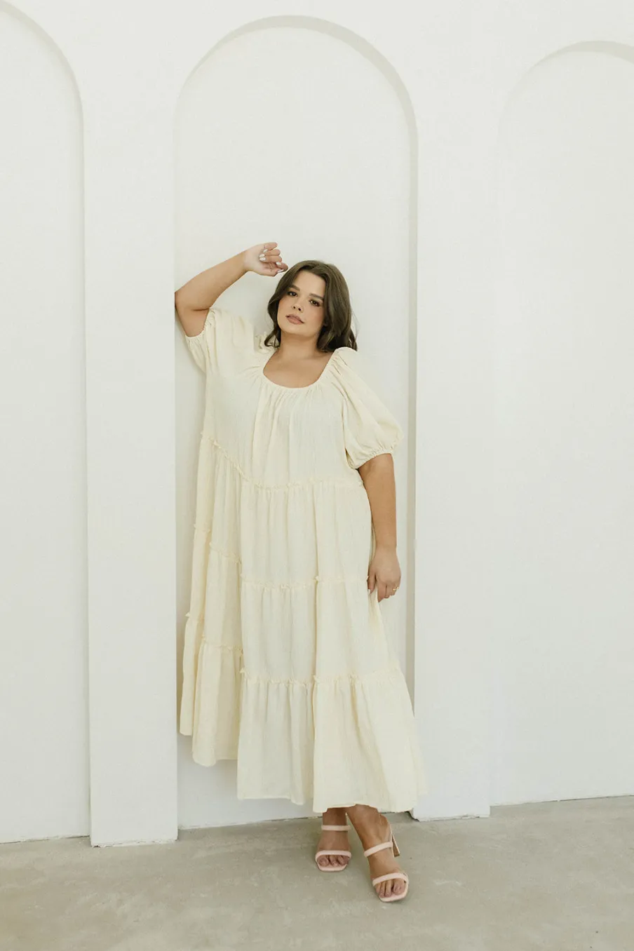 Discount Worth Collective Eva Puffed Sleeve Maxi Dress in Cream - Bump Friendly & Inclusive Sizi