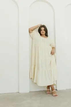 Discount Worth Collective Eva Puffed Sleeve Maxi Dress in Cream - Bump Friendly & Inclusive Sizi