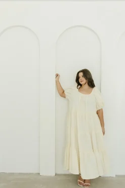 Discount Worth Collective Eva Puffed Sleeve Maxi Dress in Cream - Bump Friendly & Inclusive Sizi