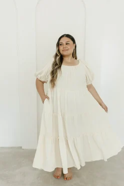 Discount Worth Collective Eva Puffed Sleeve Maxi Dress in Cream - Bump Friendly & Inclusive Sizi