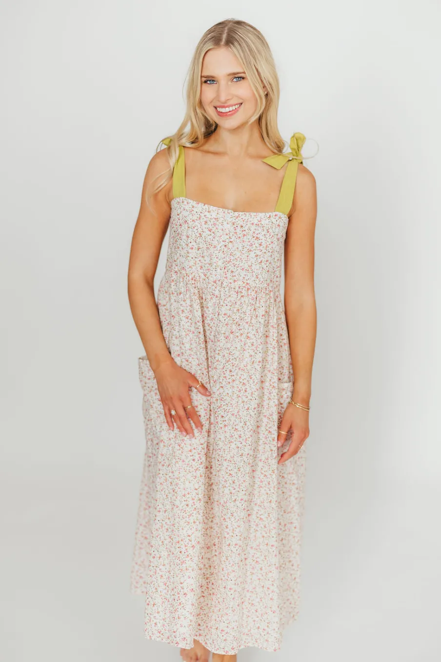 Outlet Worth Collective Everest Bow Tie Strap Button Down Midi Dress in Floral Multi