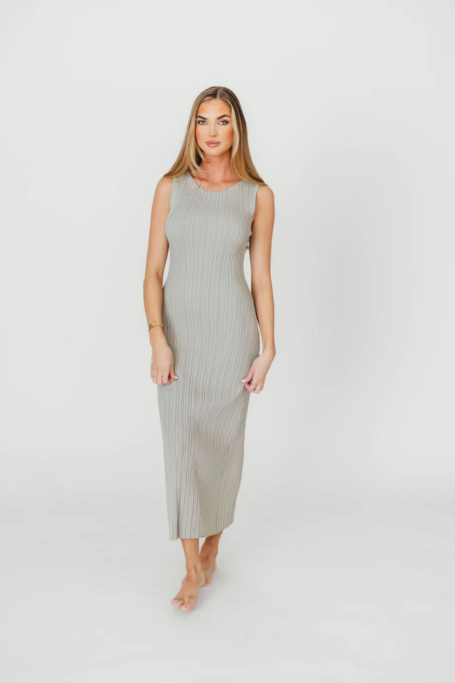 New Worth Collective Falling For You Ribbed Knit Midi Dress in Sage