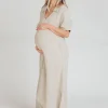 Online Worth Collective Fallon Linen-Blend Collared Midi Dress in Sand - Bump Friendly