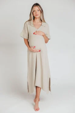 Online Worth Collective Fallon Linen-Blend Collared Midi Dress in Sand - Bump Friendly