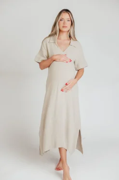 Online Worth Collective Fallon Linen-Blend Collared Midi Dress in Sand - Bump Friendly