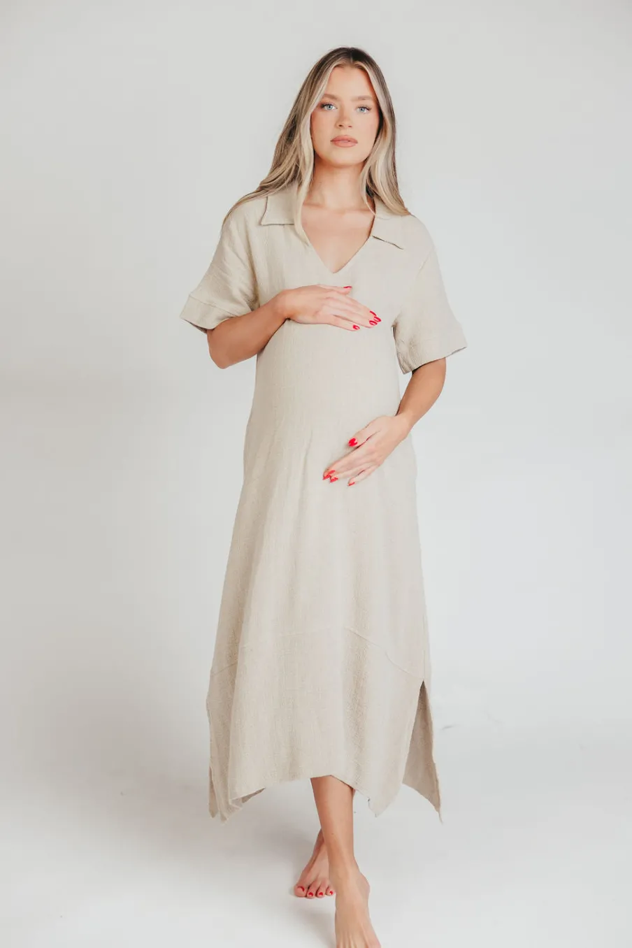 Online Worth Collective Fallon Linen-Blend Collared Midi Dress in Sand - Bump Friendly