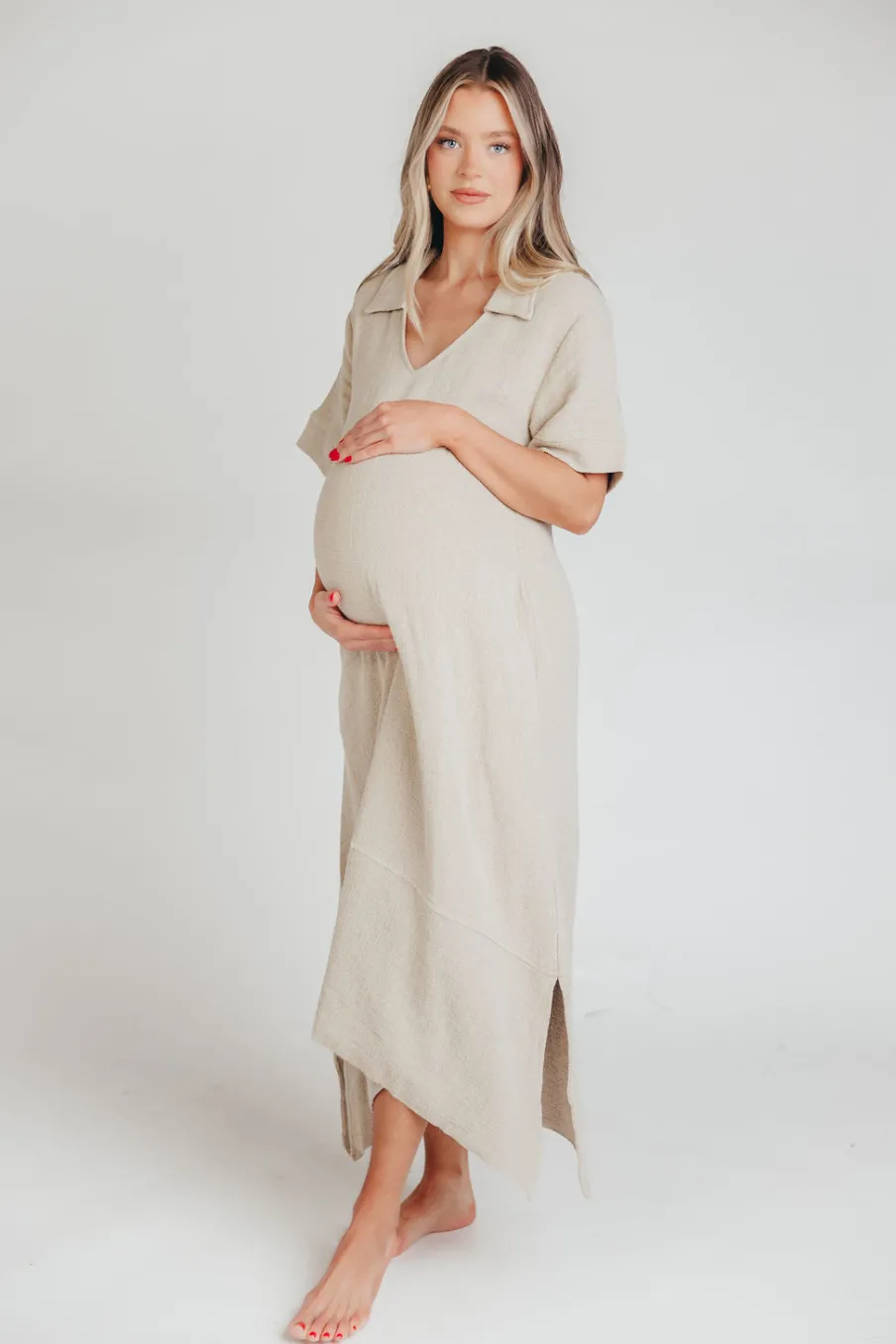 Online Worth Collective Fallon Linen-Blend Collared Midi Dress in Sand - Bump Friendly