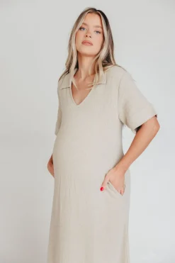 Online Worth Collective Fallon Linen-Blend Collared Midi Dress in Sand - Bump Friendly