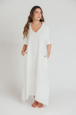 Best Worth Collective Fallon Linen-Blend Collared Midi Dress in Ivory - Bump Friendly