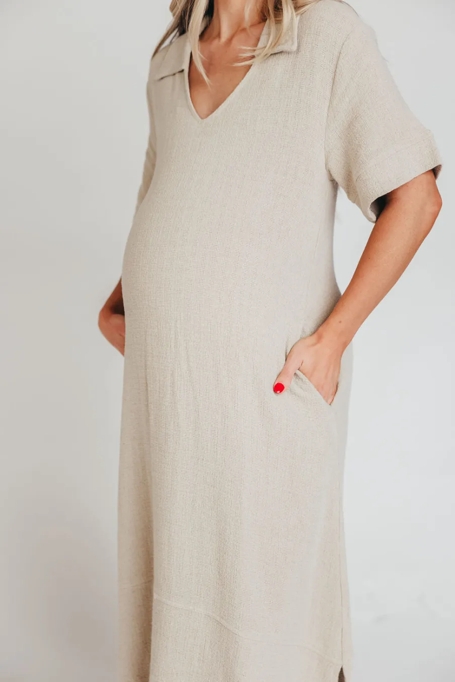 Online Worth Collective Fallon Linen-Blend Collared Midi Dress in Sand - Bump Friendly