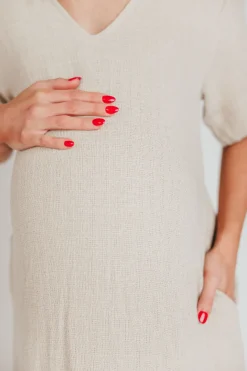Online Worth Collective Fallon Linen-Blend Collared Midi Dress in Sand - Bump Friendly