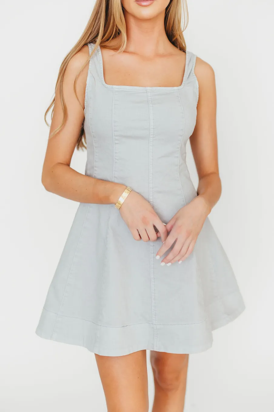 Fashion Worth Collective Faye Denim Sleeveless Mini Dress in Light Denim