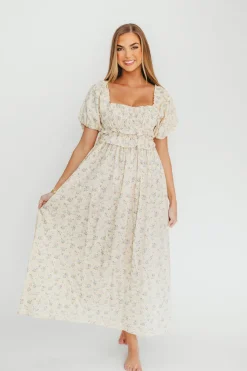 Fashion Worth Collective Finley 100% Cotton Peplum Midi Dress in Ivory/Blue - Bump & Nursing Fr