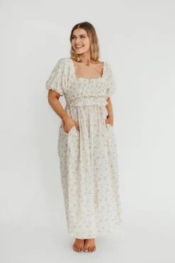 Fashion Worth Collective Finley 100% Cotton Peplum Midi Dress in Ivory/Blue - Bump & Nursing Fr