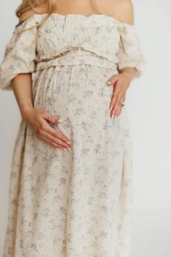 Fashion Worth Collective Finley 100% Cotton Peplum Midi Dress in Ivory/Blue - Bump & Nursing Fr