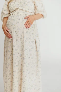 Fashion Worth Collective Finley 100% Cotton Peplum Midi Dress in Ivory/Blue - Bump & Nursing Fr