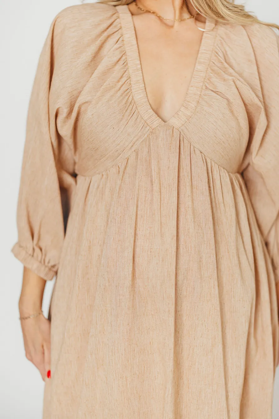 Hot Worth Collective Finn V-Neck Midi Dress in Taupe