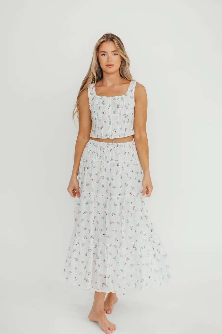 Online Worth Collective Florence 100% Cotton Corset Top & Skirt Set in White Floral