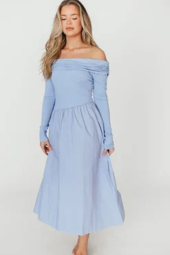Sale Worth Collective Francis Long Sleeve Off-Shoulder Midi Dress in Blue