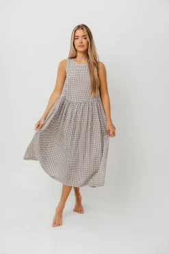 Best Worth Collective Frannie 100% Cotton Gingham Midi Dress in Ash