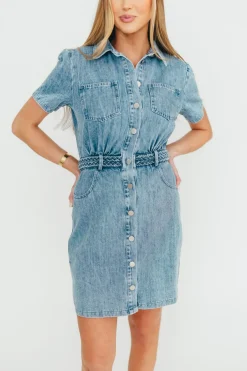 New Worth Collective Gabriella Belted Button Down Mini Denim Dress