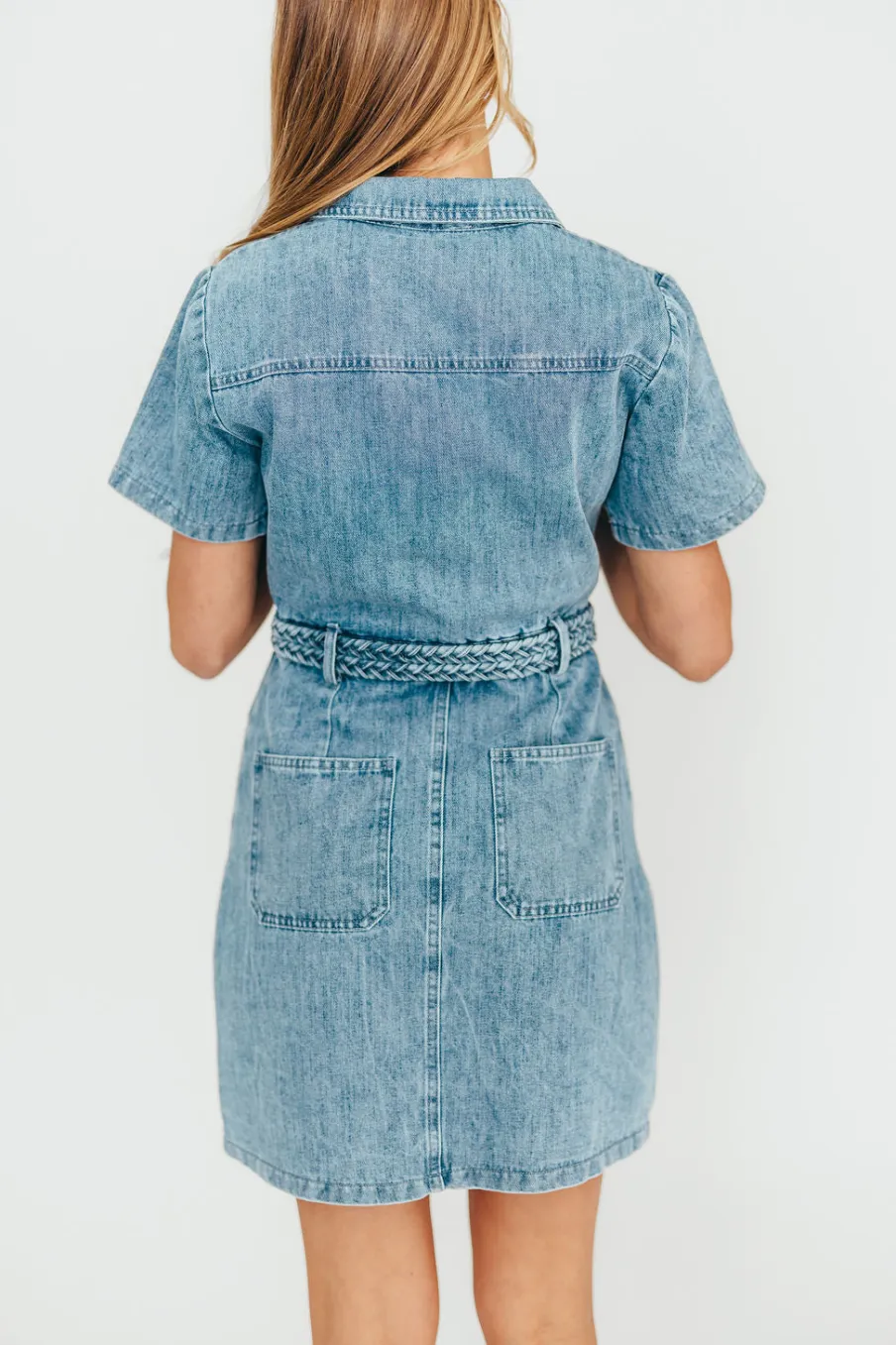 New Worth Collective Gabriella Belted Button Down Mini Denim Dress