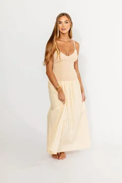 Discount Worth Collective Gaby V-Neck Mixed Media Maxi Dress in Cream