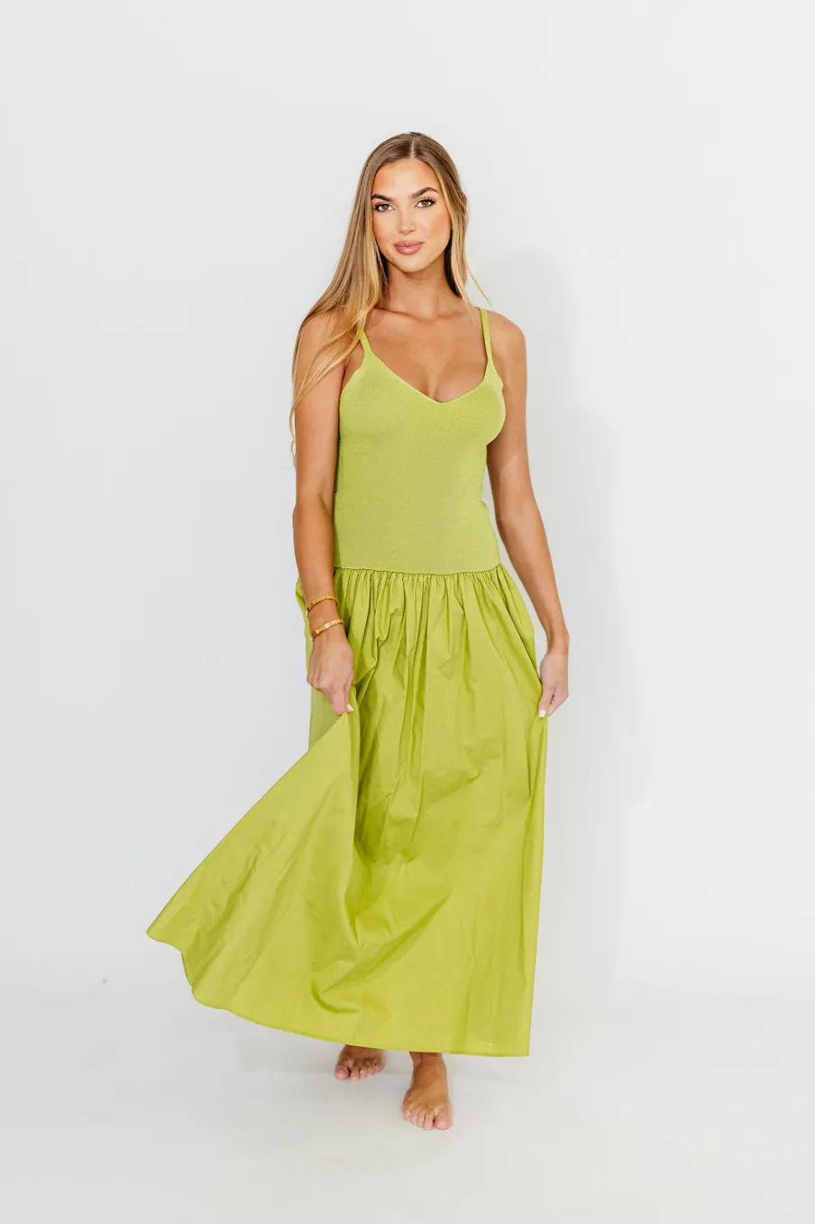 Sale Worth Collective Gaby V-Neck Sleeveless Mixed Media Maxi Dress in Green