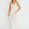 New Worth Collective Genesis Stripe Midi Dress in White/Taupe