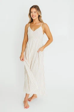 New Worth Collective Genesis Stripe Midi Dress in White/Taupe