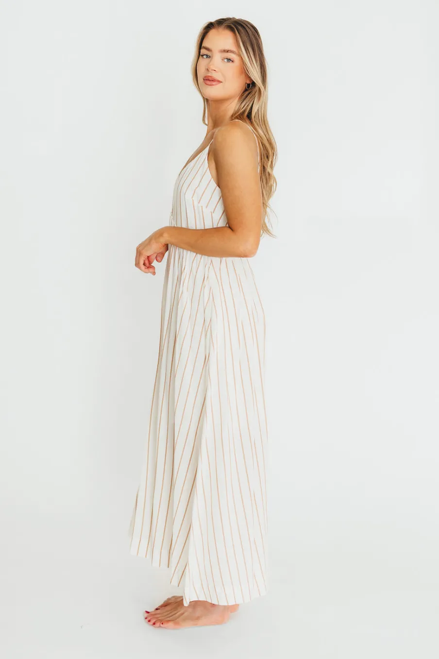 New Worth Collective Genesis Stripe Midi Dress in White/Taupe