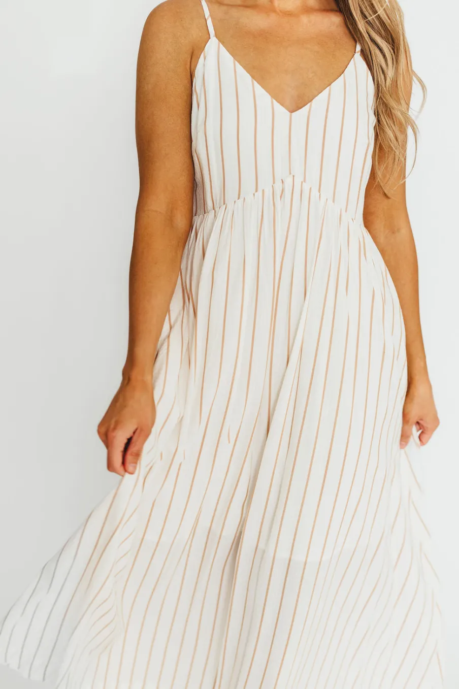New Worth Collective Genesis Stripe Midi Dress in White/Taupe