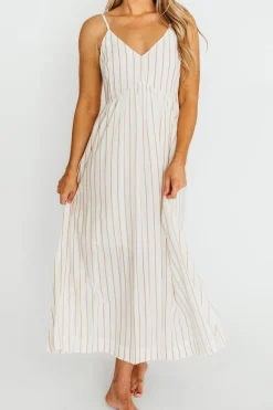 New Worth Collective Genesis Stripe Midi Dress in White/Taupe