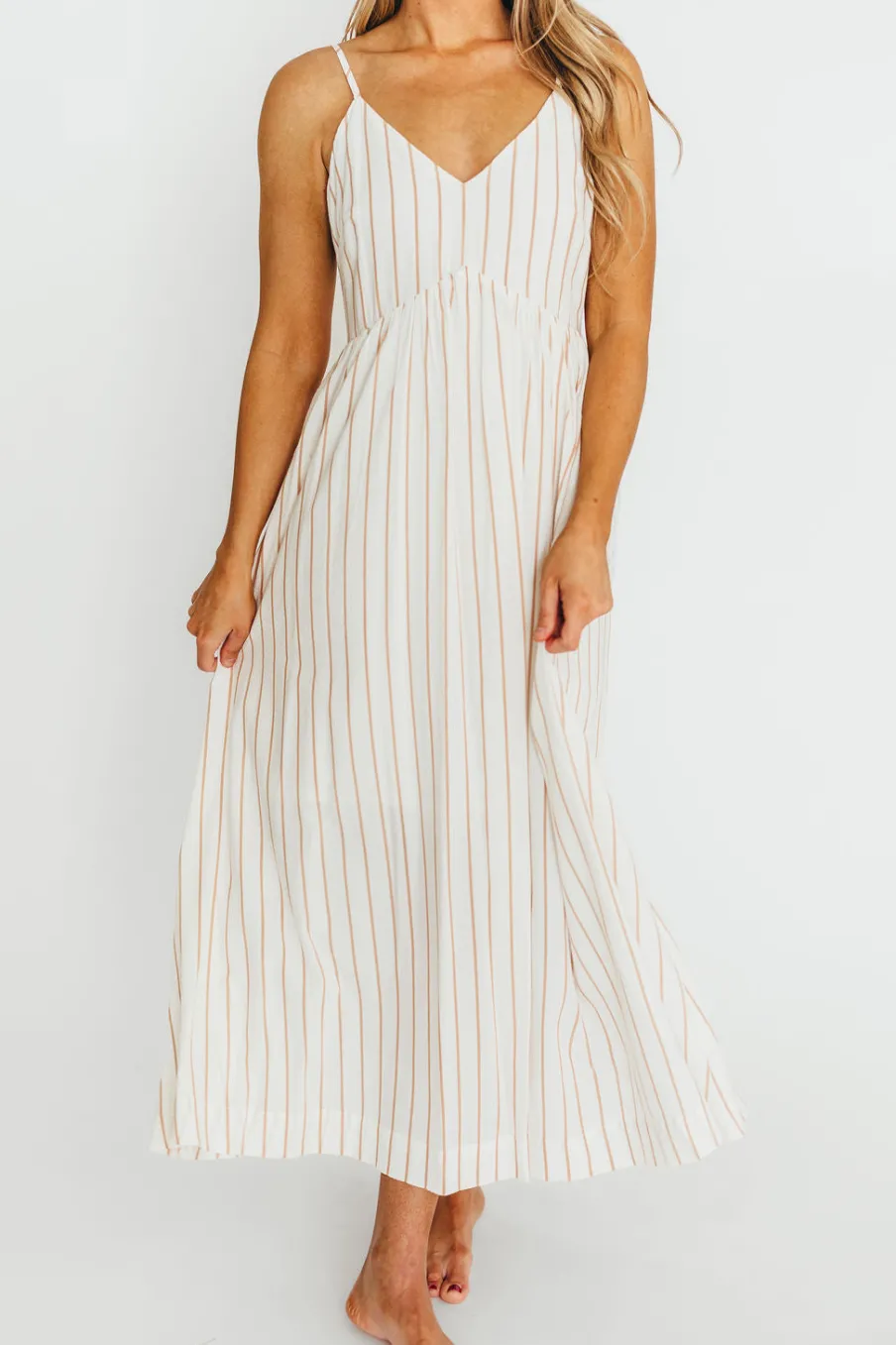 New Worth Collective Genesis Stripe Midi Dress in White/Taupe