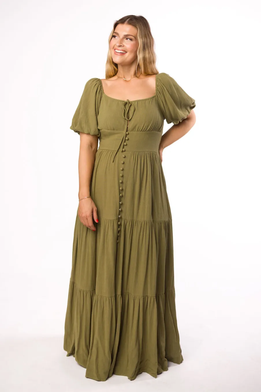 Fashion Worth Collective Genevieve Tiered Maxi Dress in Olive