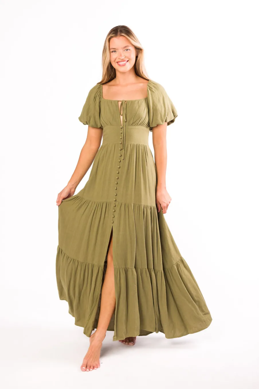 Fashion Worth Collective Genevieve Tiered Maxi Dress in Olive