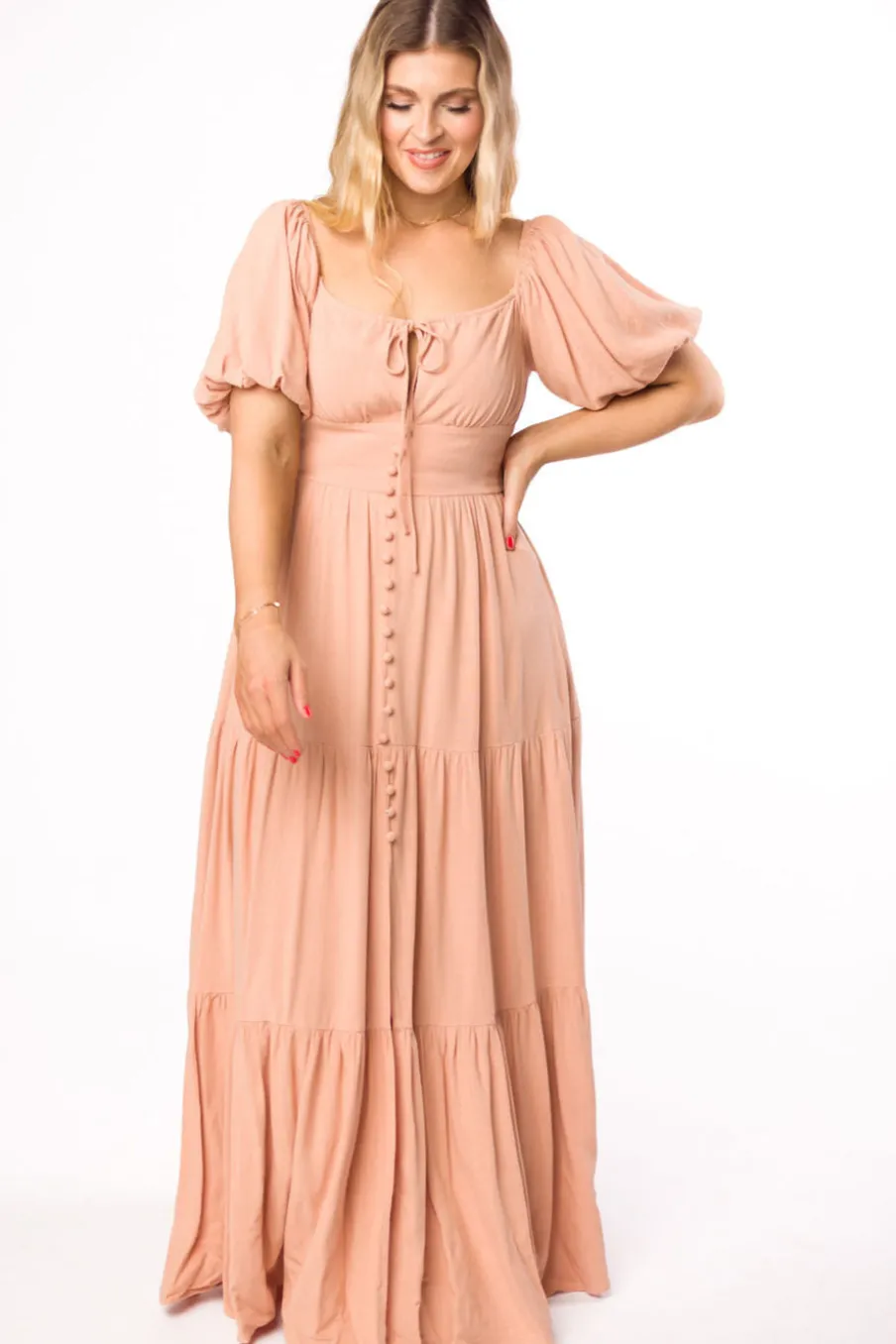Hot Worth Collective Genevieve Tiered Maxi Dress in Peach Clay