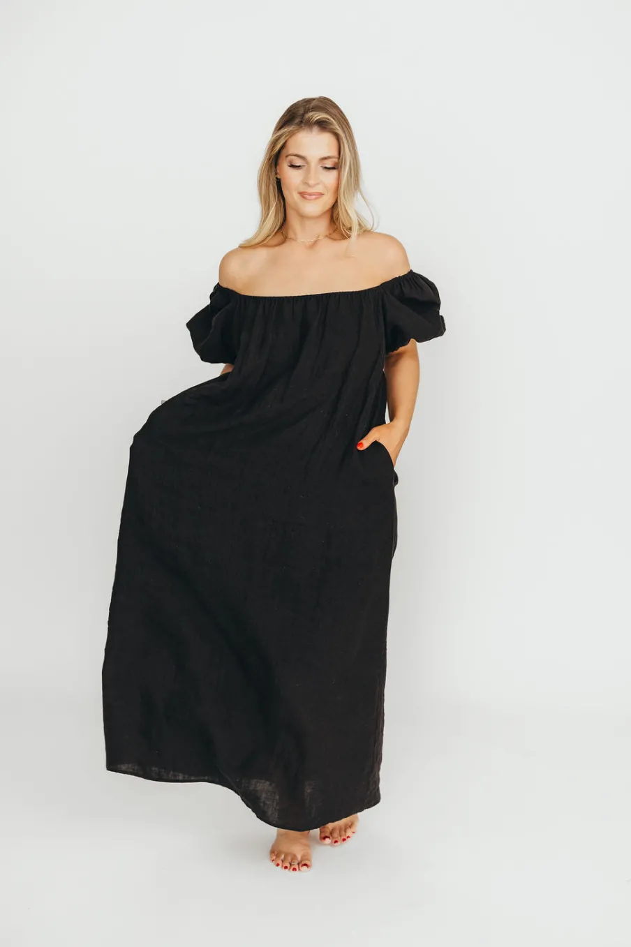 Discount Worth Collective Genoa 100% Linen Maxi Dress in Black - Bump Friendly