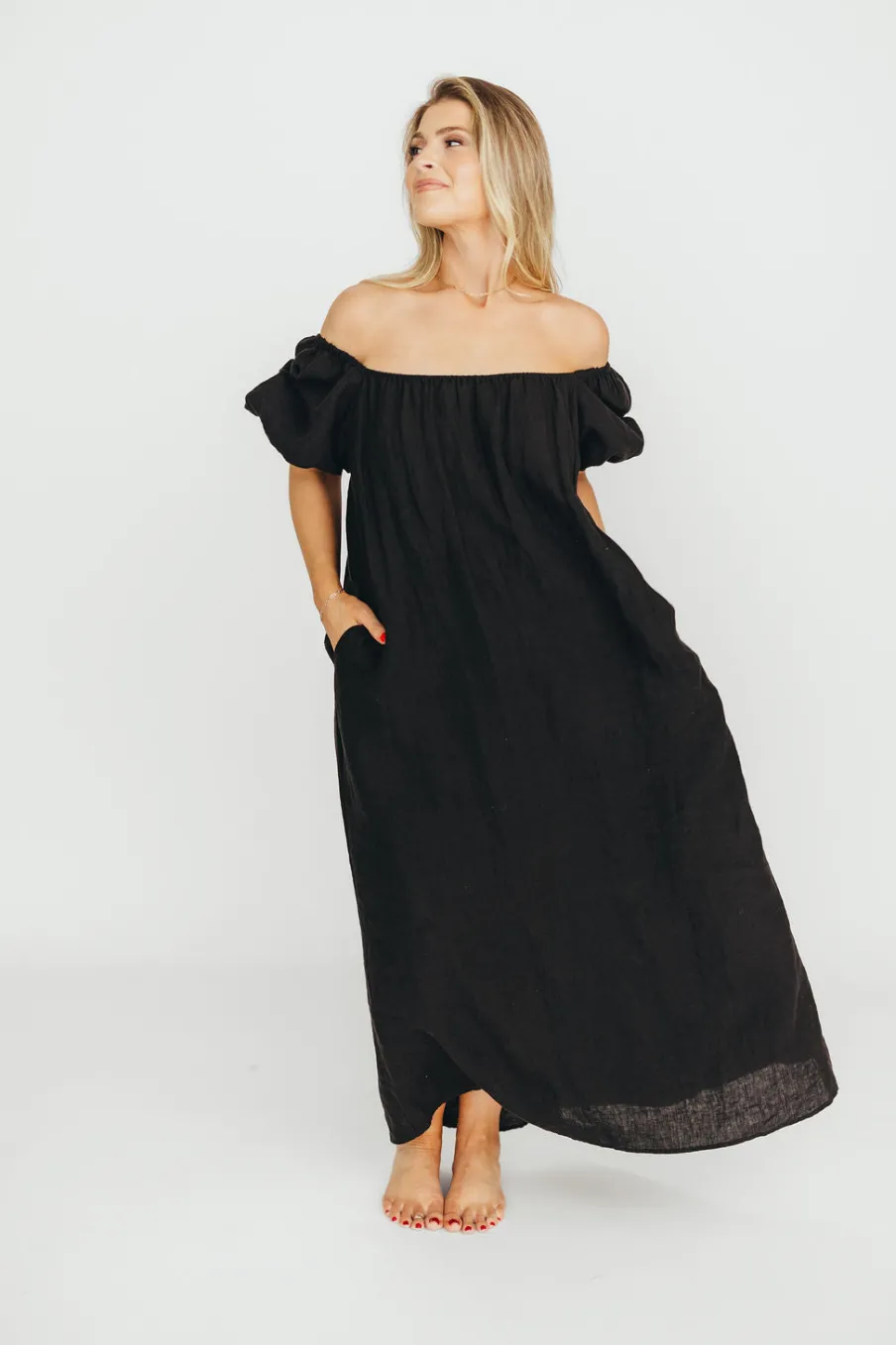 Discount Worth Collective Genoa 100% Linen Maxi Dress in Black - Bump Friendly