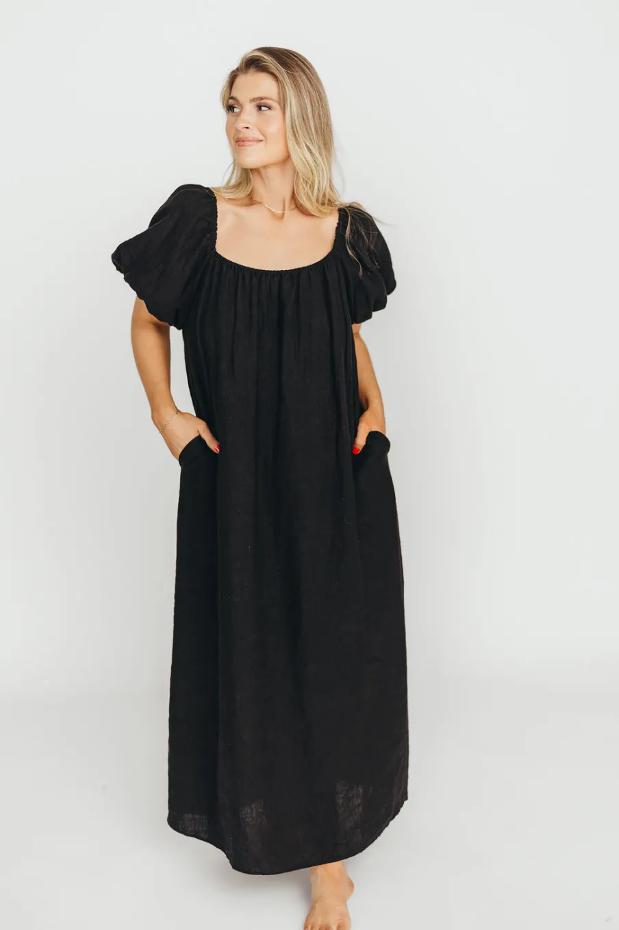 Discount Worth Collective Genoa 100% Linen Maxi Dress in Black - Bump Friendly
