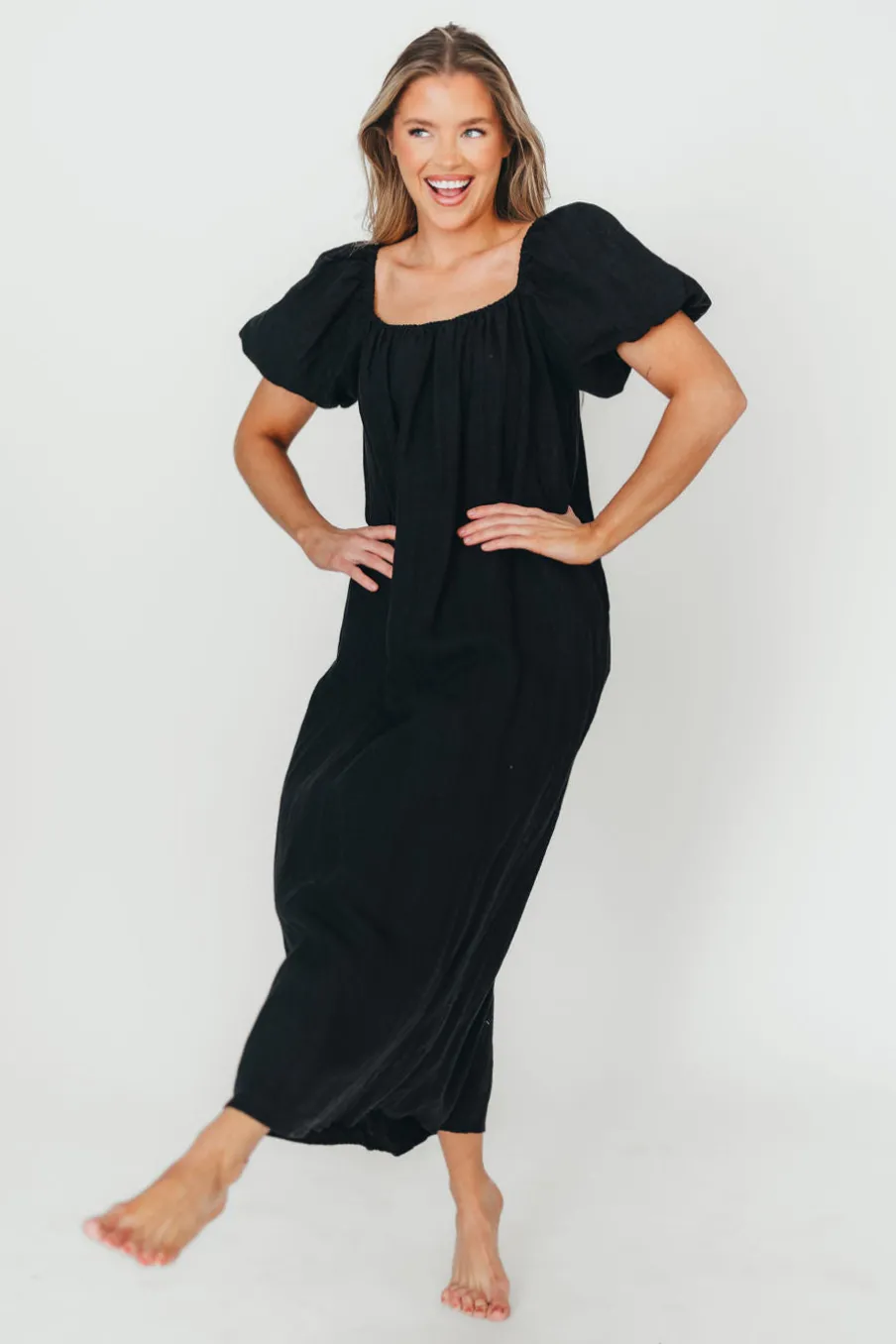 Discount Worth Collective Genoa 100% Linen Maxi Dress in Black - Bump Friendly