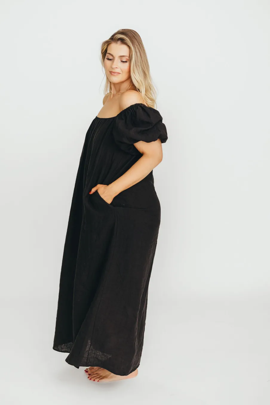 Discount Worth Collective Genoa 100% Linen Maxi Dress in Black - Bump Friendly